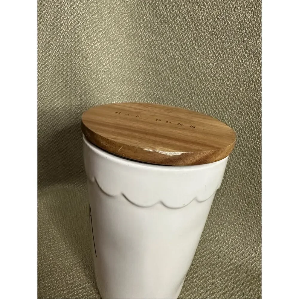 Rae Dunn TEA Cellar Canister Storage Ivory Brown Wood Lid Farmhouse 7” X 4”